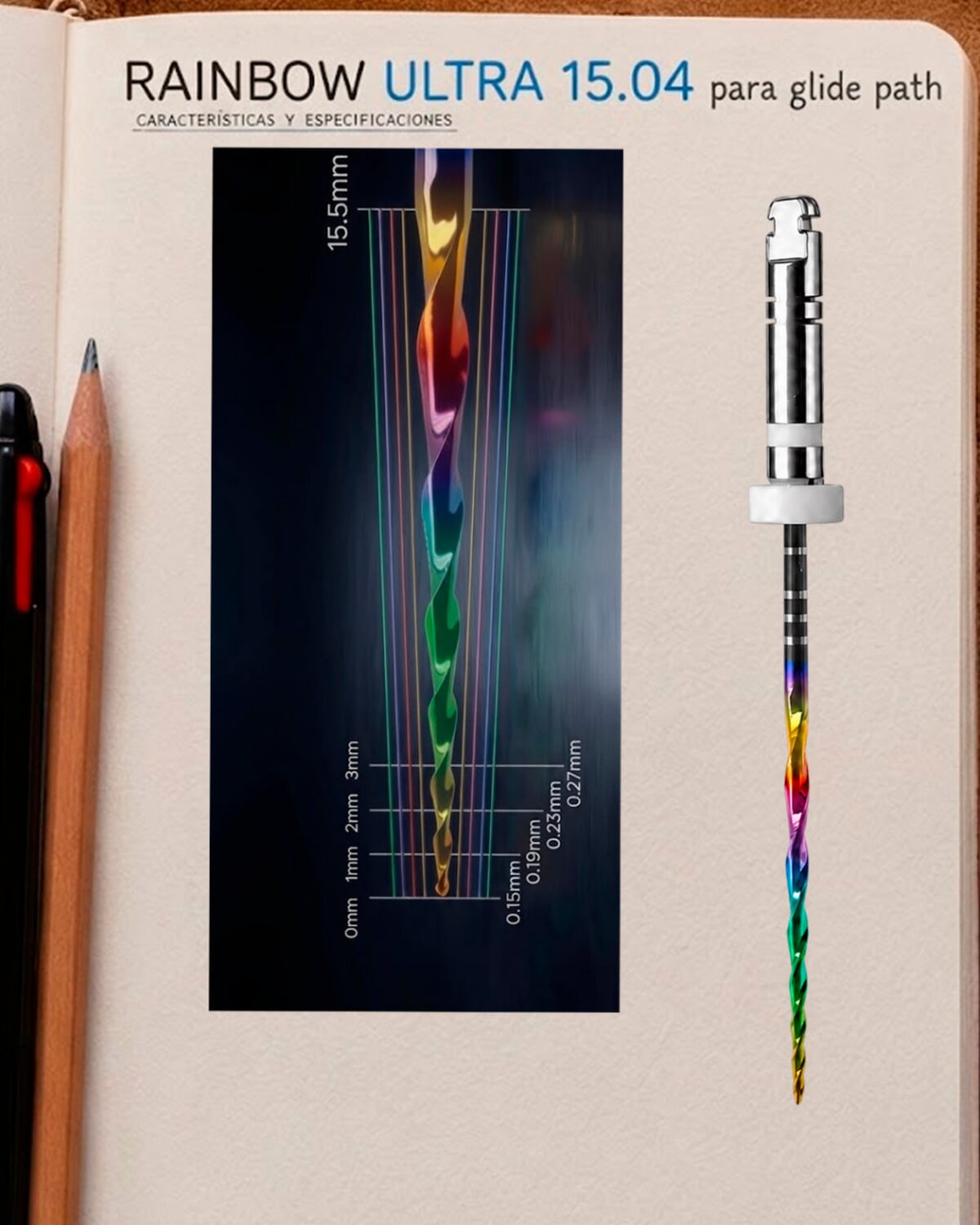 Diagrama de diseño de la Rainbow Ultra 15.04 mostrando la progresión de diámetro a lo largo de la parte activa: 0.15mm, 0.19mm, 0.23mm y 0.27mm en los primeros milímetros, sobre 15.5mm de longitud total