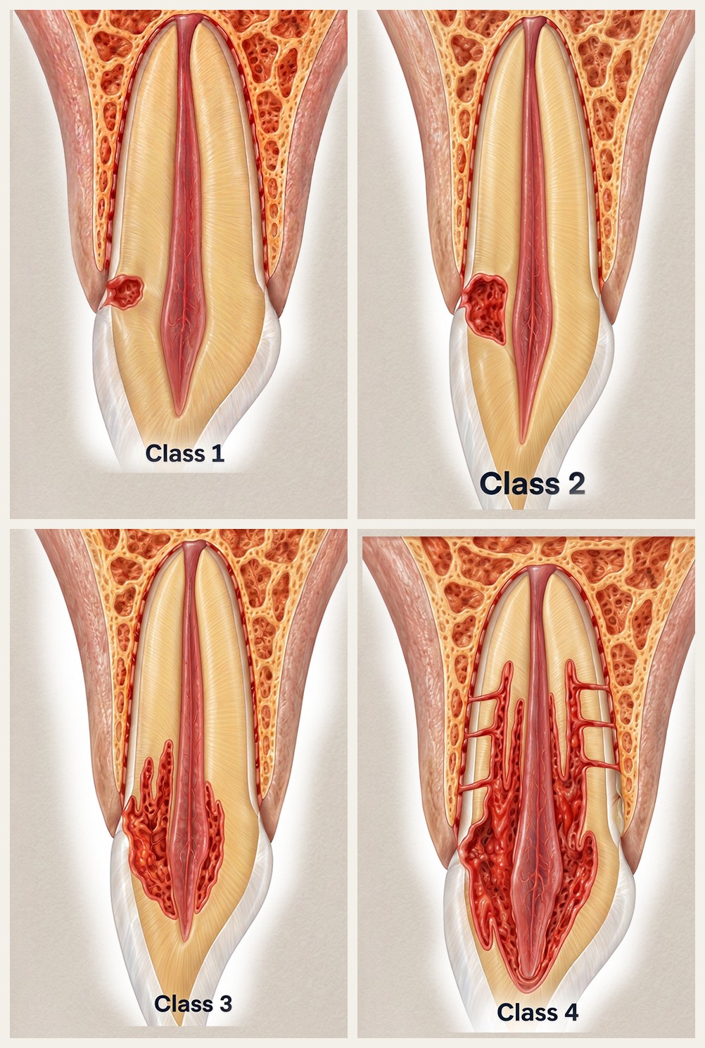 Clasificación de Heithersay de la resorción cervical externa, clase 1, clase 2, clase 3 y clase 4